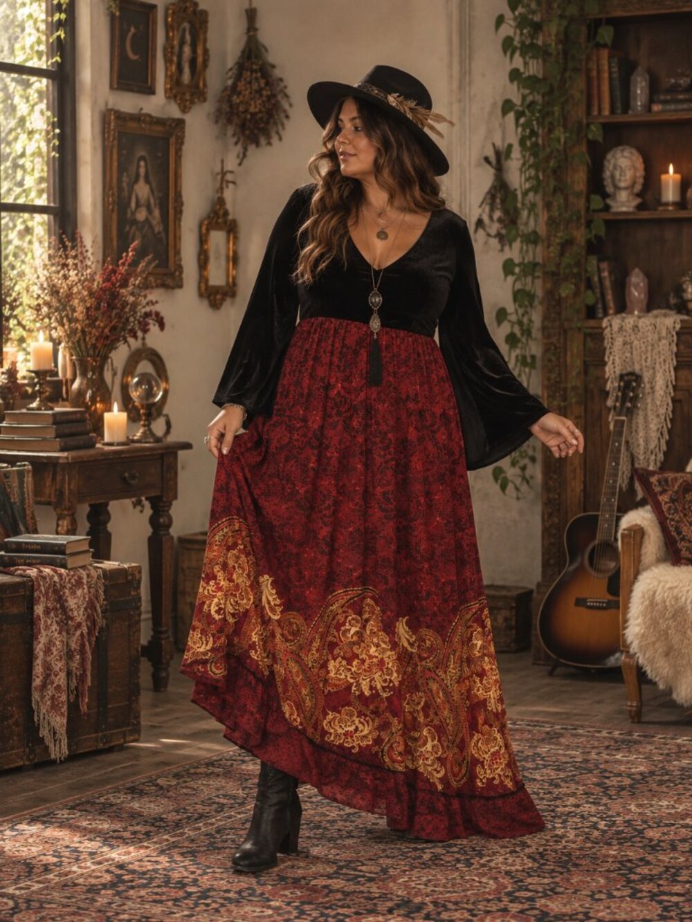 Vintage Carole Little Black Velvet Paisley Maxi Dress